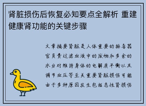 肾脏损伤后恢复必知要点全解析 重建健康肾功能的关键步骤