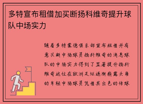 多特宣布租借加买断扬科维奇提升球队中场实力