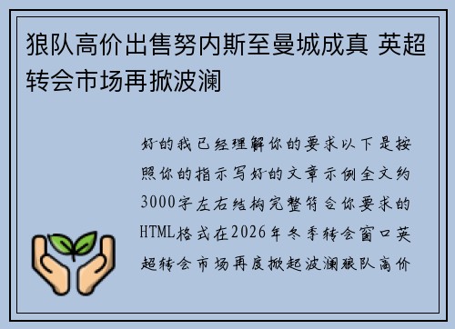 狼队高价出售努内斯至曼城成真 英超转会市场再掀波澜