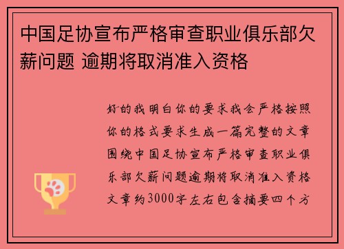 中国足协宣布严格审查职业俱乐部欠薪问题 逾期将取消准入资格 中国足协宣布严格审查职业俱乐部欠薪问题 逾期将取消准入资格
