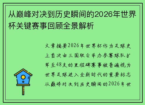 从巅峰对决到历史瞬间的2026年世界杯关键赛事回顾全景解析